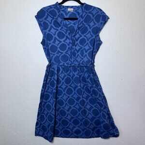 Global Mamas Womens Size Large Blue Cotton Tie Waist Dress Cap Sleeve Geometric